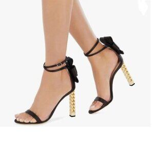FSJ Black Bows Gold Metal Chain Chunky High Heels Ankle Strap Open Toe Sandal